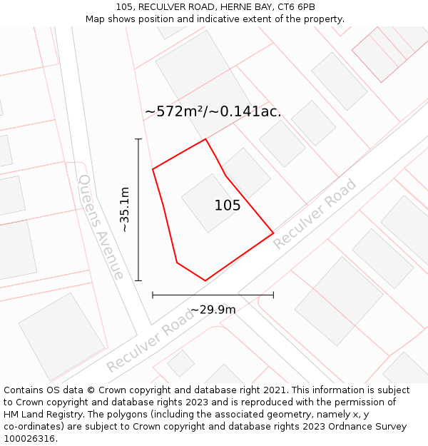 105, RECULVER ROAD, HERNE BAY, CT6 6PB: Plot and title map
