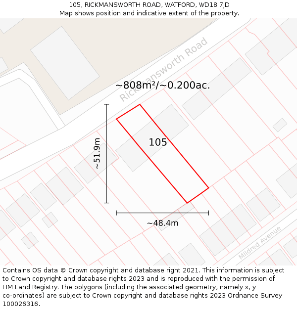 105, RICKMANSWORTH ROAD, WATFORD, WD18 7JD: Plot and title map