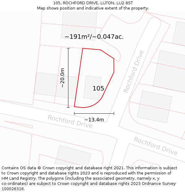 105, ROCHFORD DRIVE, LUTON, LU2 8ST: Plot and title map