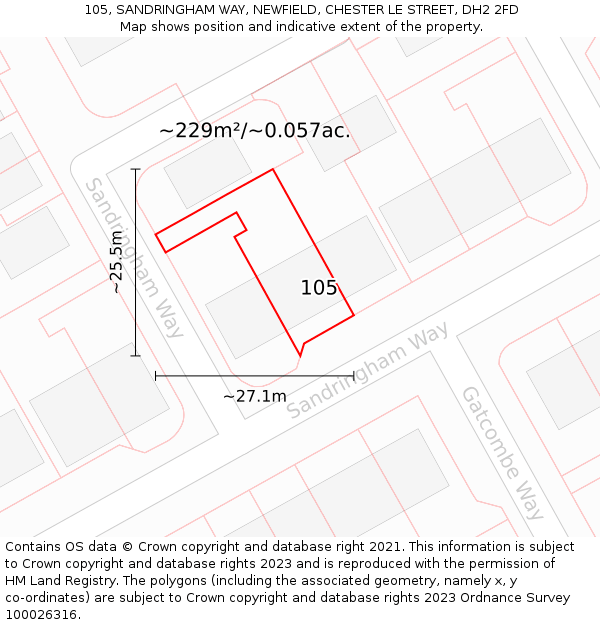 105, SANDRINGHAM WAY, NEWFIELD, CHESTER LE STREET, DH2 2FD: Plot and title map