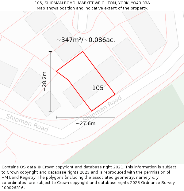 105, SHIPMAN ROAD, MARKET WEIGHTON, YORK, YO43 3RA: Plot and title map