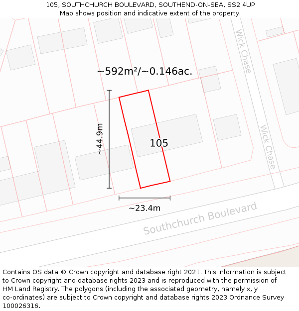 105, SOUTHCHURCH BOULEVARD, SOUTHEND-ON-SEA, SS2 4UP: Plot and title map