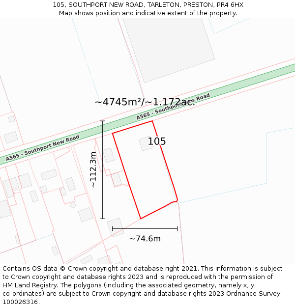 105, SOUTHPORT NEW ROAD, TARLETON, PRESTON, PR4 6HX: Plot and title map