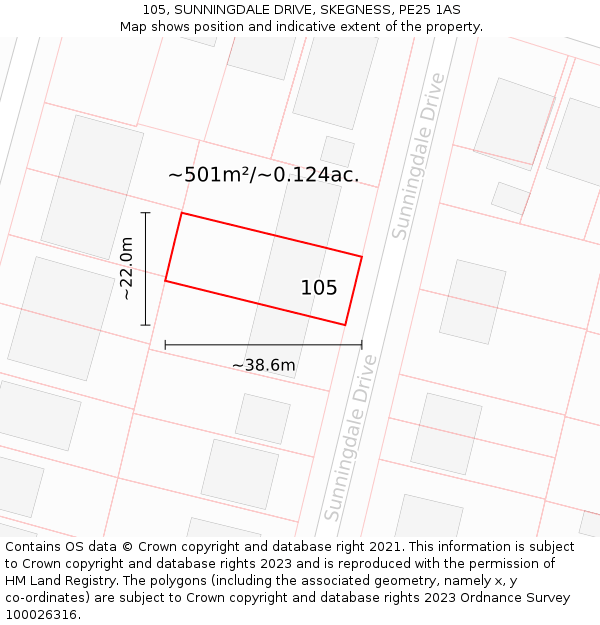 105, SUNNINGDALE DRIVE, SKEGNESS, PE25 1AS: Plot and title map