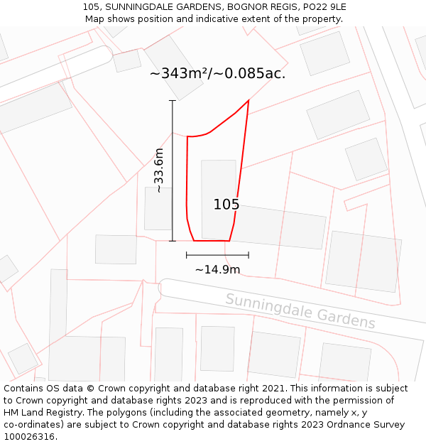 105, SUNNINGDALE GARDENS, BOGNOR REGIS, PO22 9LE: Plot and title map