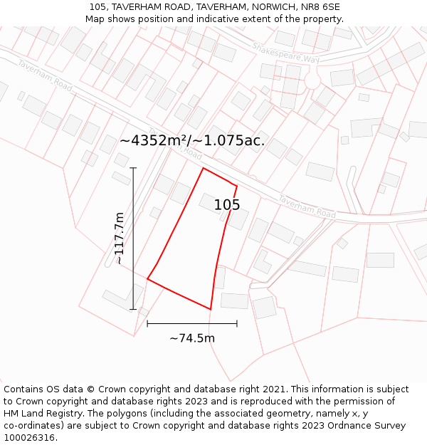 105, TAVERHAM ROAD, TAVERHAM, NORWICH, NR8 6SE: Plot and title map