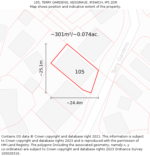 105, TERRY GARDENS, KESGRAVE, IPSWICH, IP5 2DR: Plot and title map