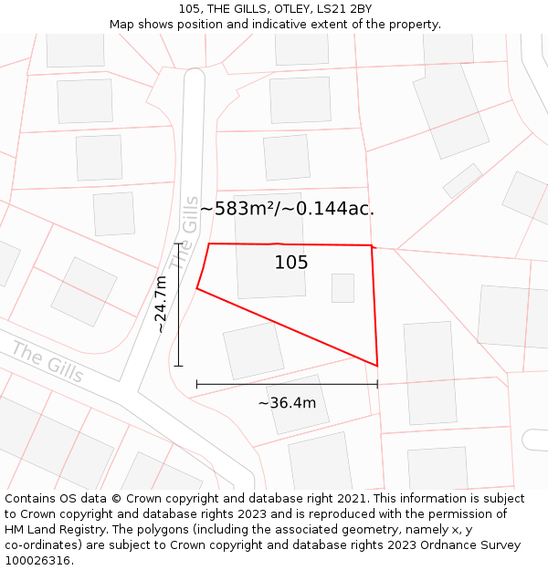 105, THE GILLS, OTLEY, LS21 2BY: Plot and title map