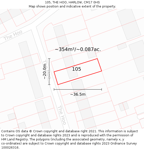 105, THE HOO, HARLOW, CM17 0HS: Plot and title map