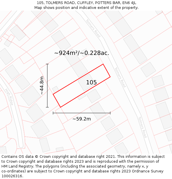 105, TOLMERS ROAD, CUFFLEY, POTTERS BAR, EN6 4JL: Plot and title map