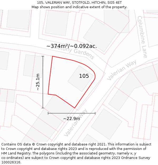 105, VALERIAN WAY, STOTFOLD, HITCHIN, SG5 4ET: Plot and title map