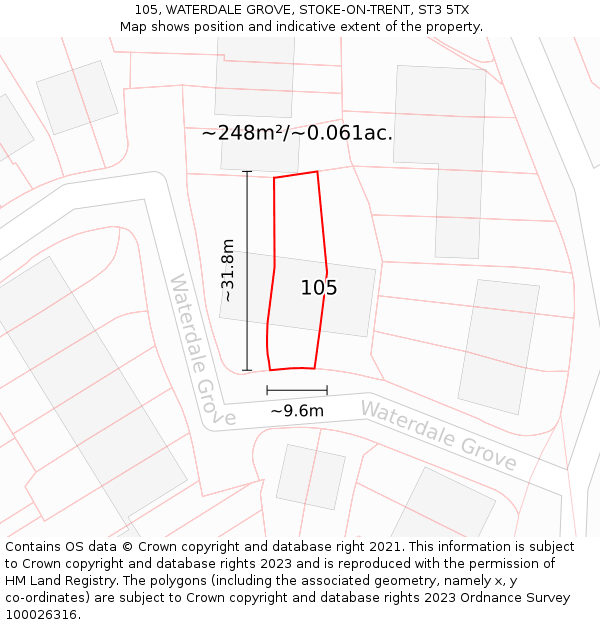 105, WATERDALE GROVE, STOKE-ON-TRENT, ST3 5TX: Plot and title map