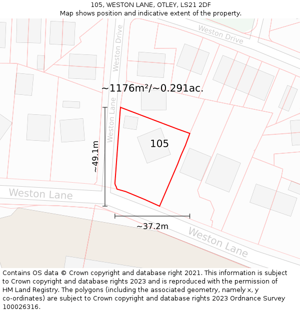 105, WESTON LANE, OTLEY, LS21 2DF: Plot and title map