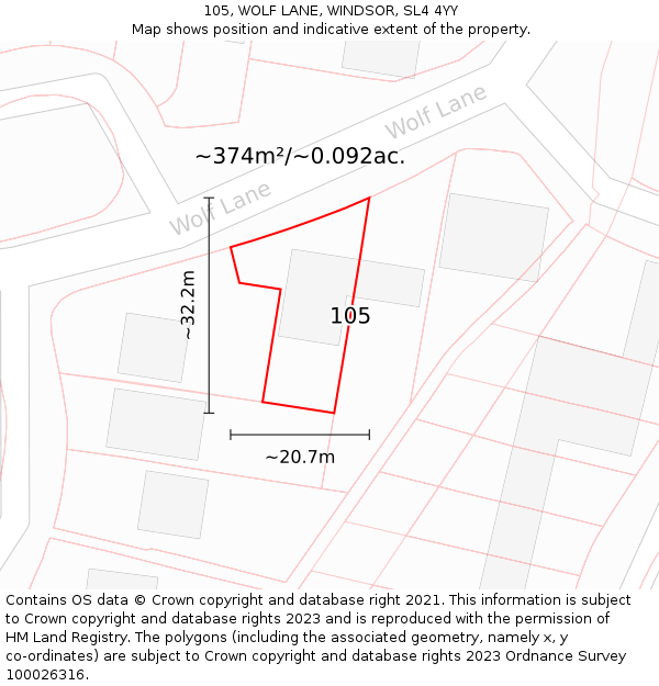 105, WOLF LANE, WINDSOR, SL4 4YY: Plot and title map