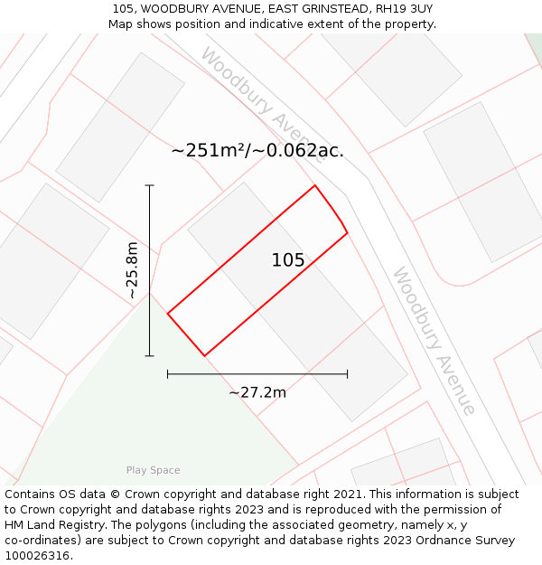 105, WOODBURY AVENUE, EAST GRINSTEAD, RH19 3UY: Plot and title map