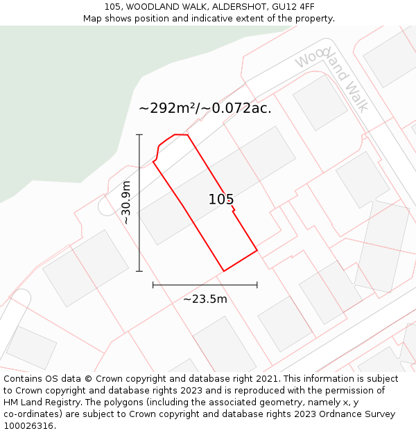 105, WOODLAND WALK, ALDERSHOT, GU12 4FF: Plot and title map