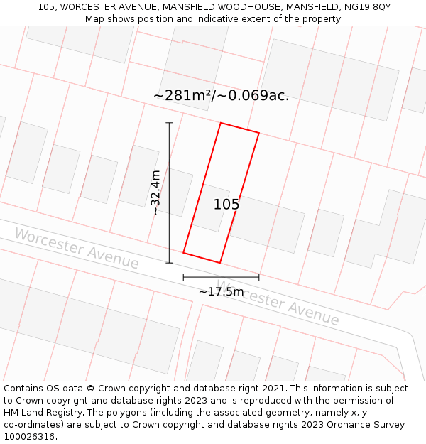 105, WORCESTER AVENUE, MANSFIELD WOODHOUSE, MANSFIELD, NG19 8QY: Plot and title map