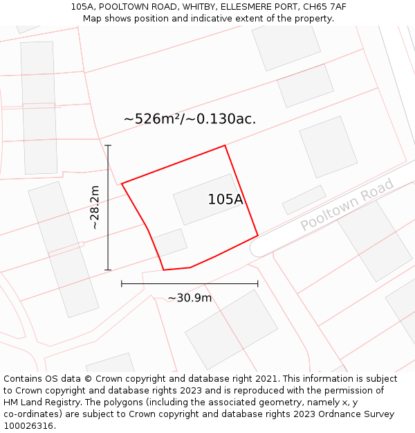 105A, POOLTOWN ROAD, WHITBY, ELLESMERE PORT, CH65 7AF: Plot and title map