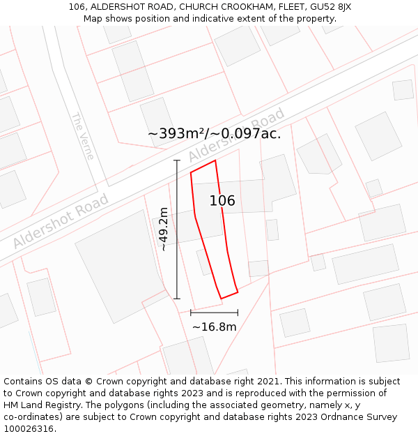 106, ALDERSHOT ROAD, CHURCH CROOKHAM, FLEET, GU52 8JX: Plot and title map