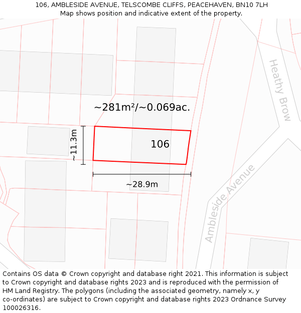 106, AMBLESIDE AVENUE, TELSCOMBE CLIFFS, PEACEHAVEN, BN10 7LH: Plot and title map