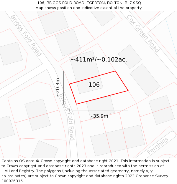 106, BRIGGS FOLD ROAD, EGERTON, BOLTON, BL7 9SQ: Plot and title map