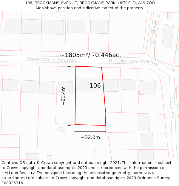 106, BROOKMANS AVENUE, BROOKMANS PARK, HATFIELD, AL9 7QQ: Plot and title map