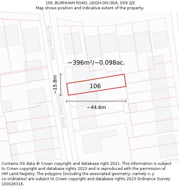 106, BURNHAM ROAD, LEIGH-ON-SEA, SS9 2JS: Plot and title map