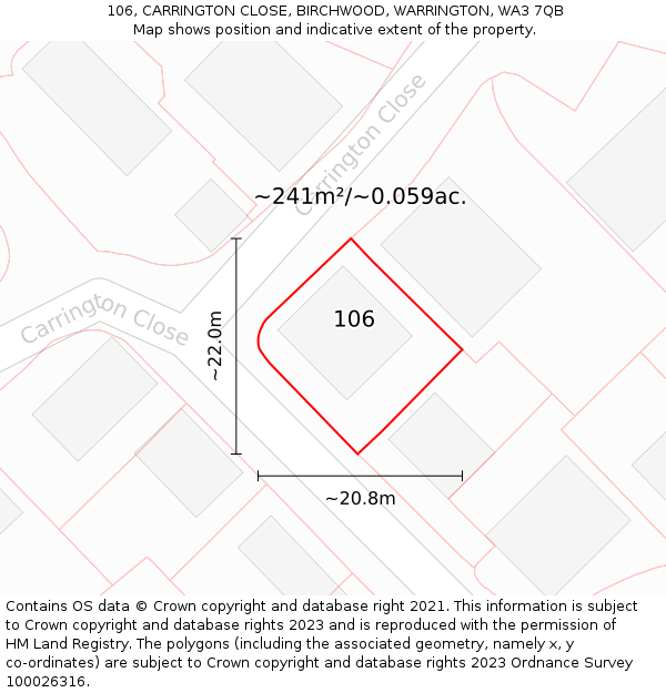 106, CARRINGTON CLOSE, BIRCHWOOD, WARRINGTON, WA3 7QB: Plot and title map