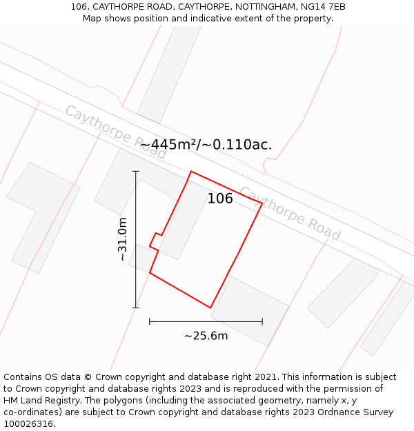 106, CAYTHORPE ROAD, CAYTHORPE, NOTTINGHAM, NG14 7EB: Plot and title map