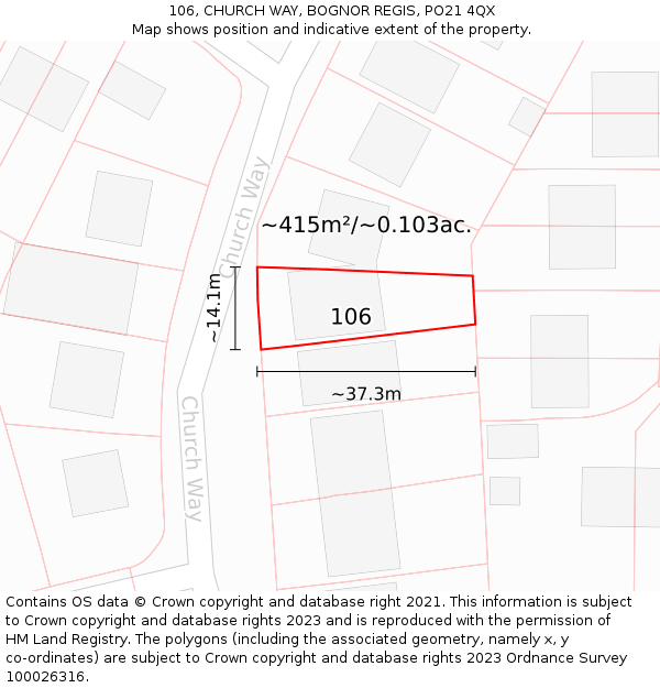 106, CHURCH WAY, BOGNOR REGIS, PO21 4QX: Plot and title map