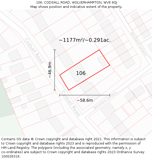 106, CODSALL ROAD, WOLVERHAMPTON, WV6 9QJ: Plot and title map