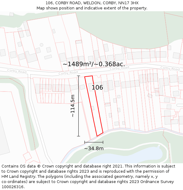 106, CORBY ROAD, WELDON, CORBY, NN17 3HX: Plot and title map