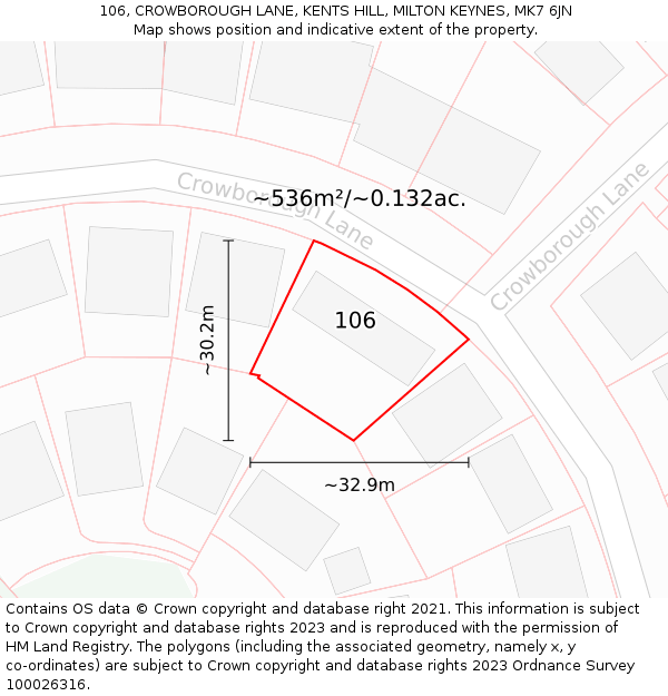 106, CROWBOROUGH LANE, KENTS HILL, MILTON KEYNES, MK7 6JN: Plot and title map