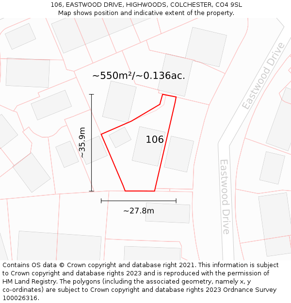 106, EASTWOOD DRIVE, HIGHWOODS, COLCHESTER, CO4 9SL: Plot and title map