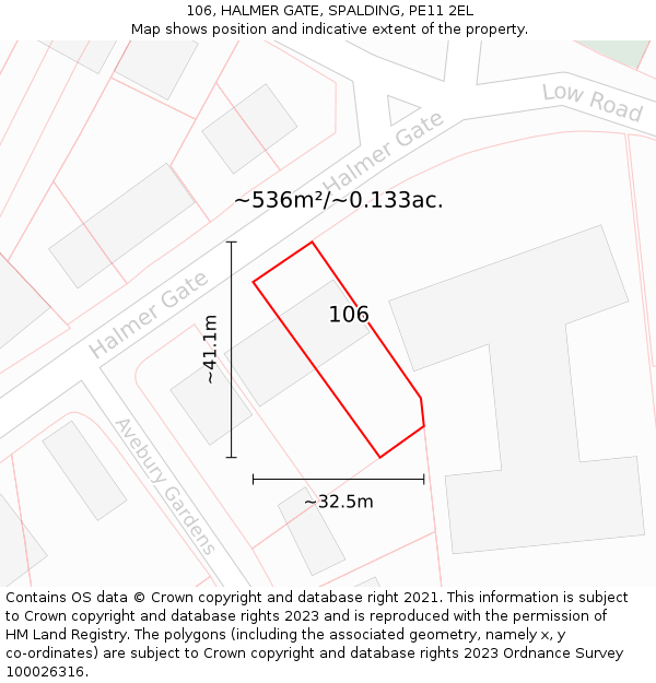 106, HALMER GATE, SPALDING, PE11 2EL: Plot and title map