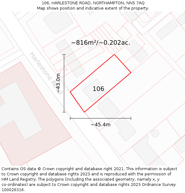 106, HARLESTONE ROAD, NORTHAMPTON, NN5 7AQ: Plot and title map