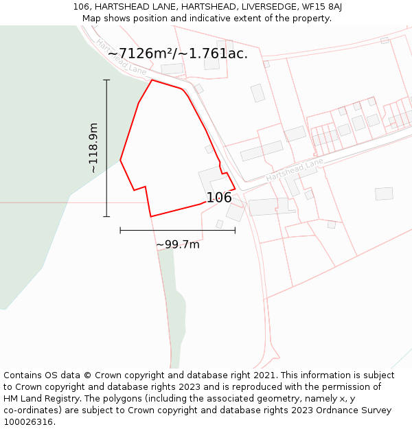 106, HARTSHEAD LANE, HARTSHEAD, LIVERSEDGE, WF15 8AJ: Plot and title map