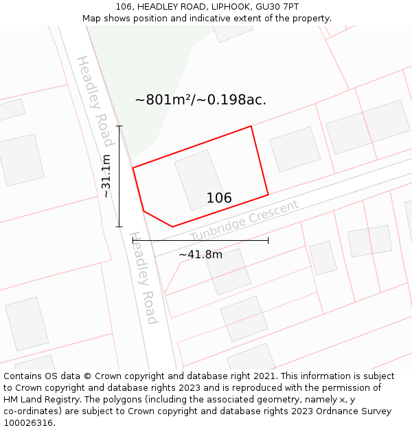 106, HEADLEY ROAD, LIPHOOK, GU30 7PT: Plot and title map