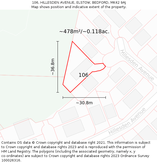 106, HILLESDEN AVENUE, ELSTOW, BEDFORD, MK42 9AJ: Plot and title map