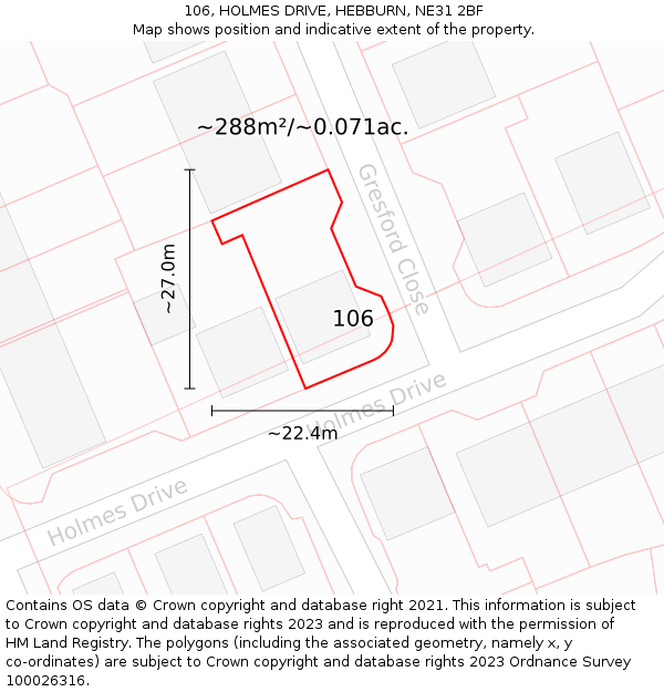 106, HOLMES DRIVE, HEBBURN, NE31 2BF: Plot and title map