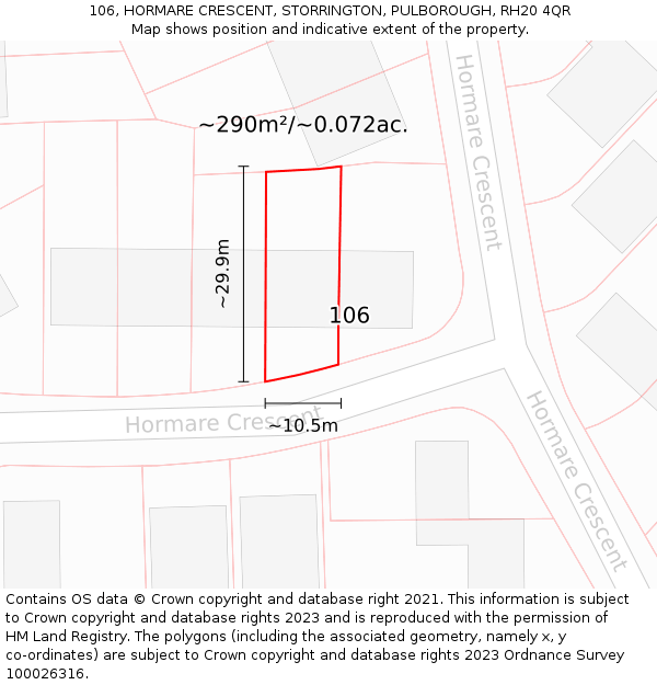 106, HORMARE CRESCENT, STORRINGTON, PULBOROUGH, RH20 4QR: Plot and title map