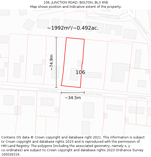 106, JUNCTION ROAD, BOLTON, BL3 4NE: Plot and title map