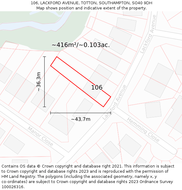 106, LACKFORD AVENUE, TOTTON, SOUTHAMPTON, SO40 9DH: Plot and title map