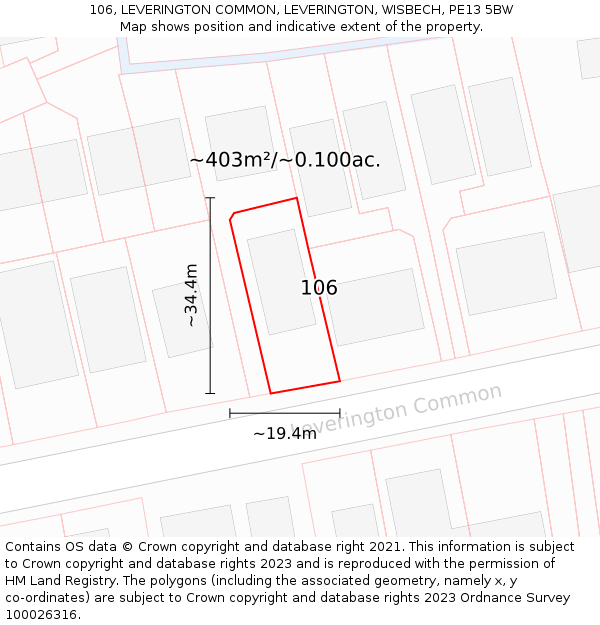 106, LEVERINGTON COMMON, LEVERINGTON, WISBECH, PE13 5BW: Plot and title map