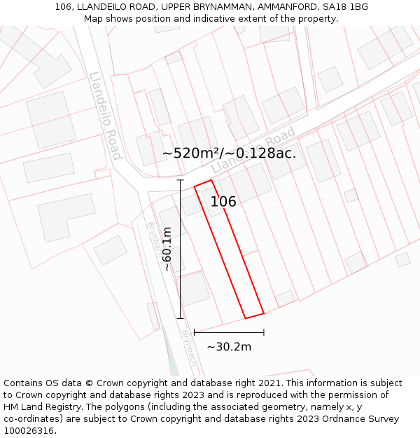 106, LLANDEILO ROAD, UPPER BRYNAMMAN, AMMANFORD, SA18 1BG: Plot and title map