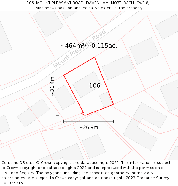 106, MOUNT PLEASANT ROAD, DAVENHAM, NORTHWICH, CW9 8JH: Plot and title map