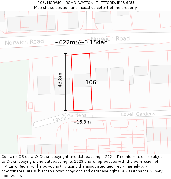 106, NORWICH ROAD, WATTON, THETFORD, IP25 6DU: Plot and title map