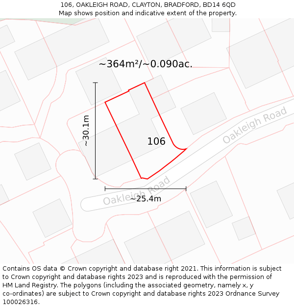 106, OAKLEIGH ROAD, CLAYTON, BRADFORD, BD14 6QD: Plot and title map