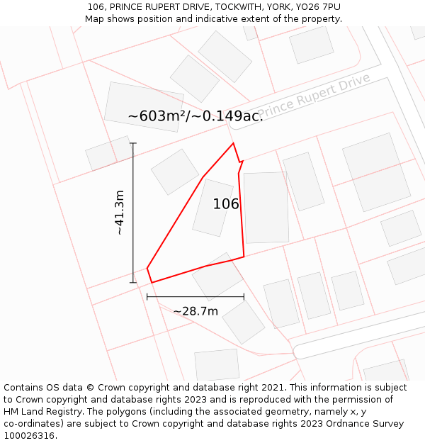 106, PRINCE RUPERT DRIVE, TOCKWITH, YORK, YO26 7PU: Plot and title map