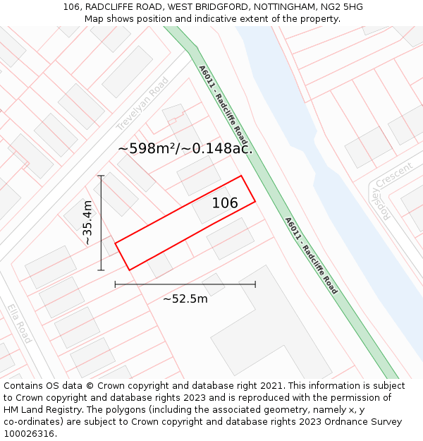 106, RADCLIFFE ROAD, WEST BRIDGFORD, NOTTINGHAM, NG2 5HG: Plot and title map